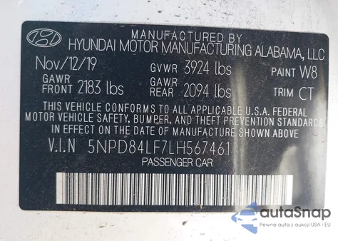 2020 Hyundai Elantra Sel z USA, uszkodzony, nr VIN 5NPD84LF7LH567461